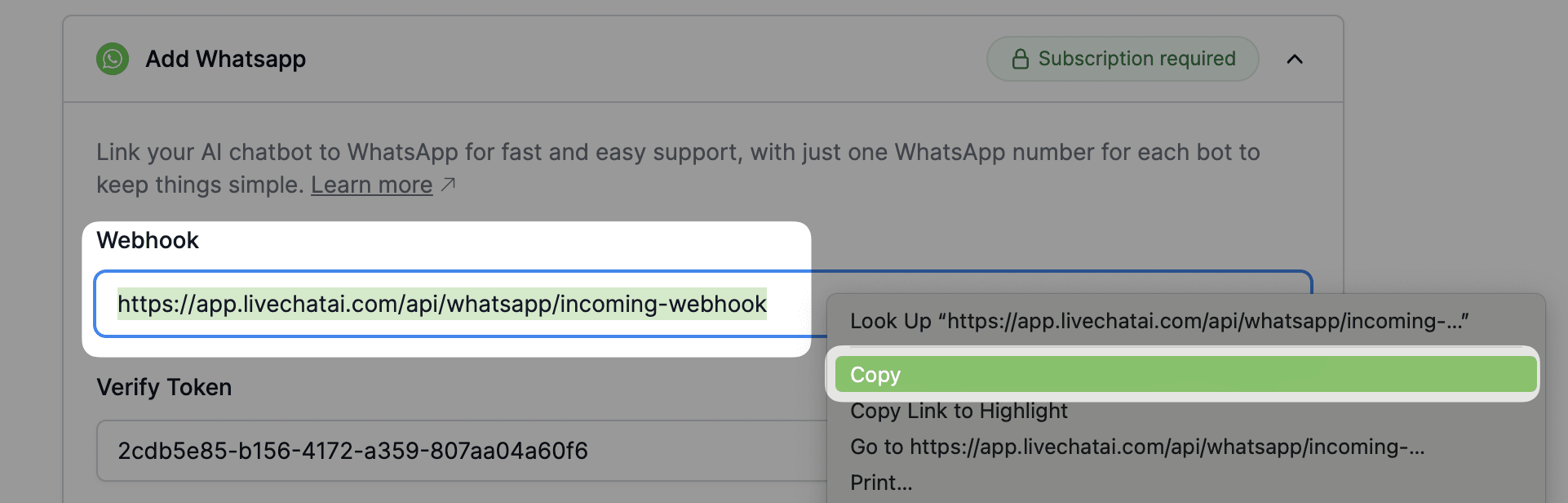 Copying Webhook URL from WhatsApp integration section in LiveChatAI