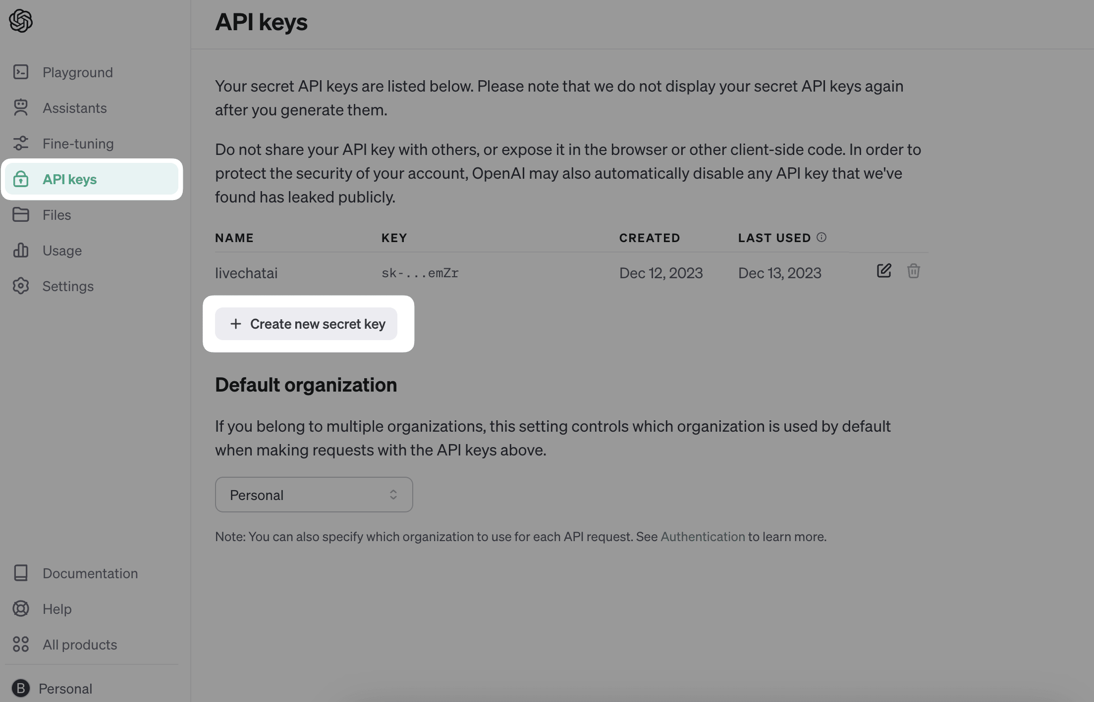 clicking on the create new secret key button under API keys section in OpenAI