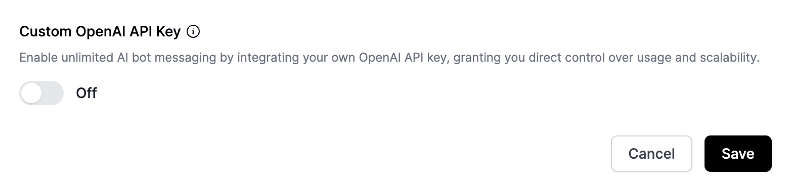 activating the toggle for unlimited message quota with api keys taken from the OpenAI in LiveChatAI