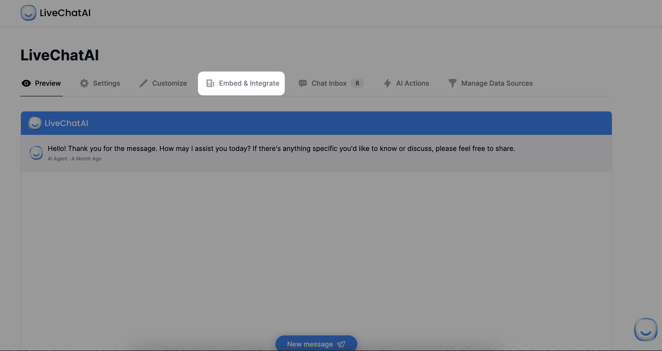 Embed & Integrate Section in the LiveChatAI dashboard