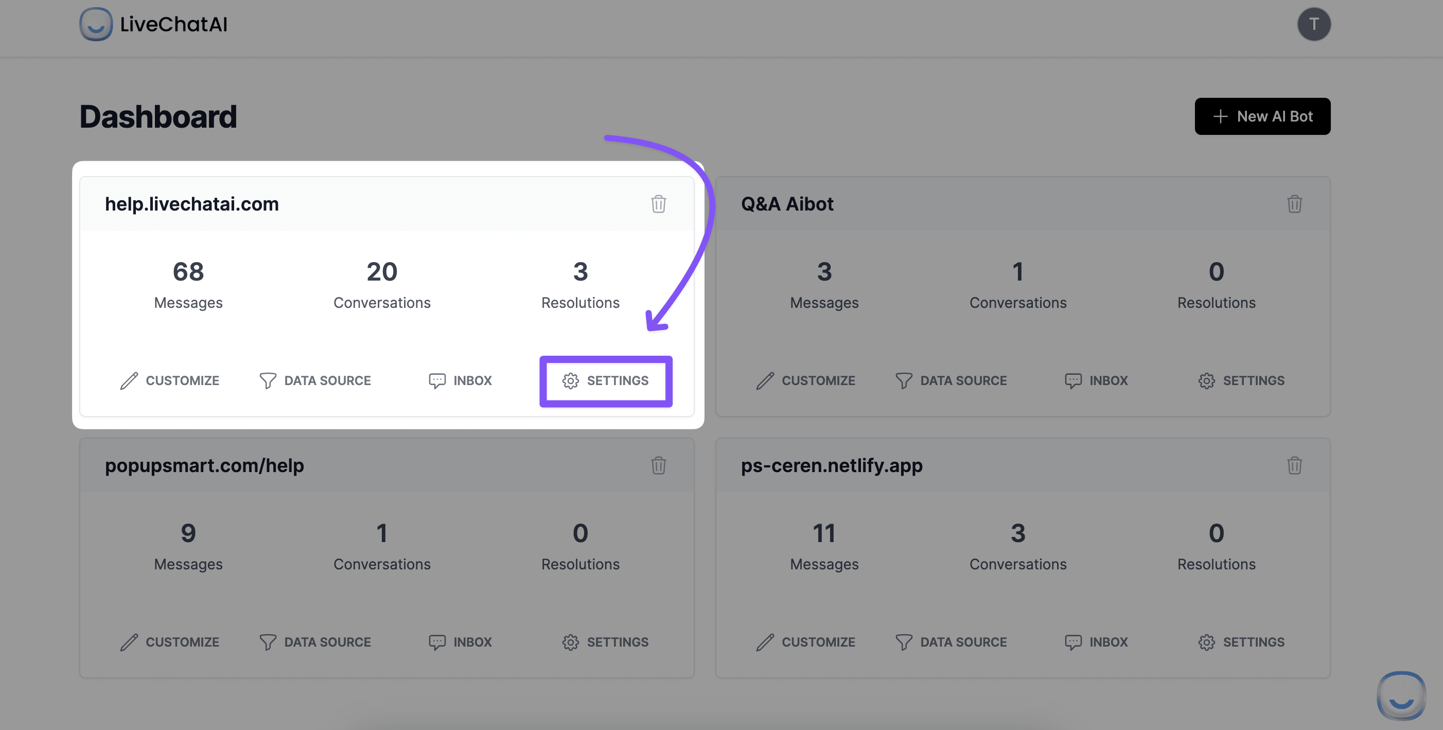 clicking on the Settings section under an individual AI bot in LiveChatAI dashboard