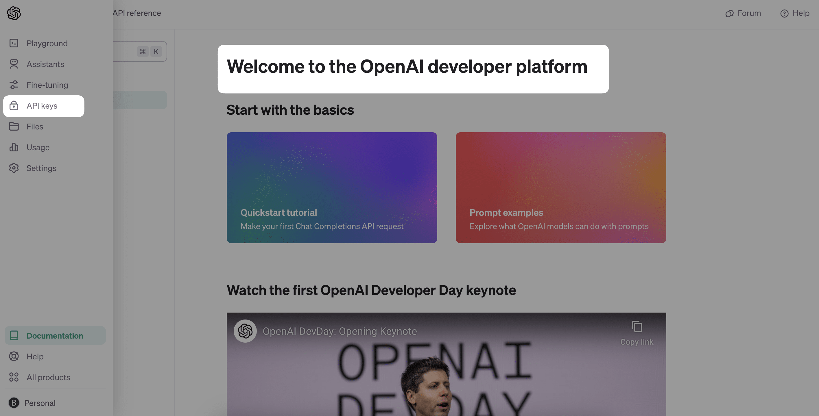 showing how to obtain api keys from openai developer website
