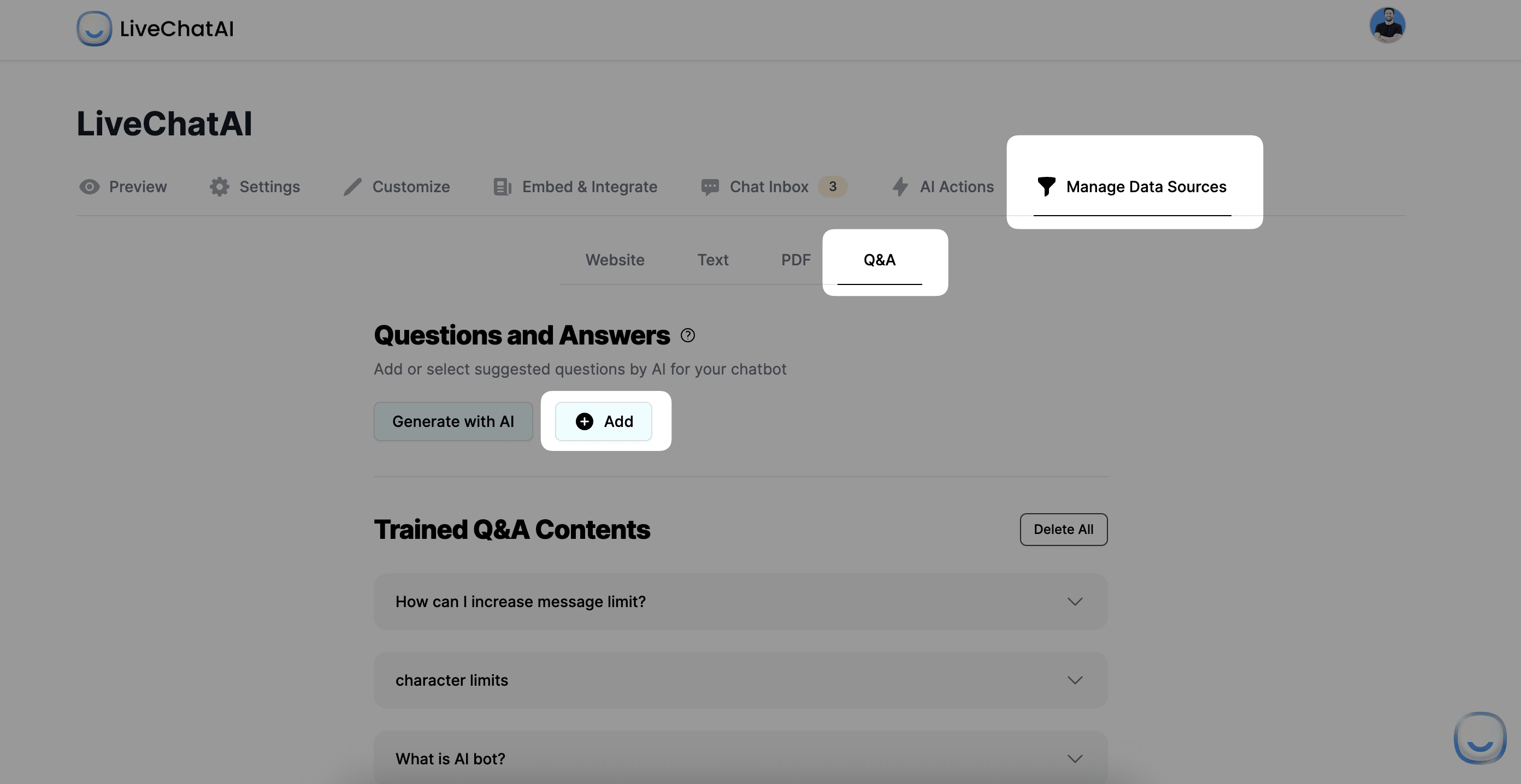 Adding Q&A data source from Manage Data Sources section in LiveChatAI 