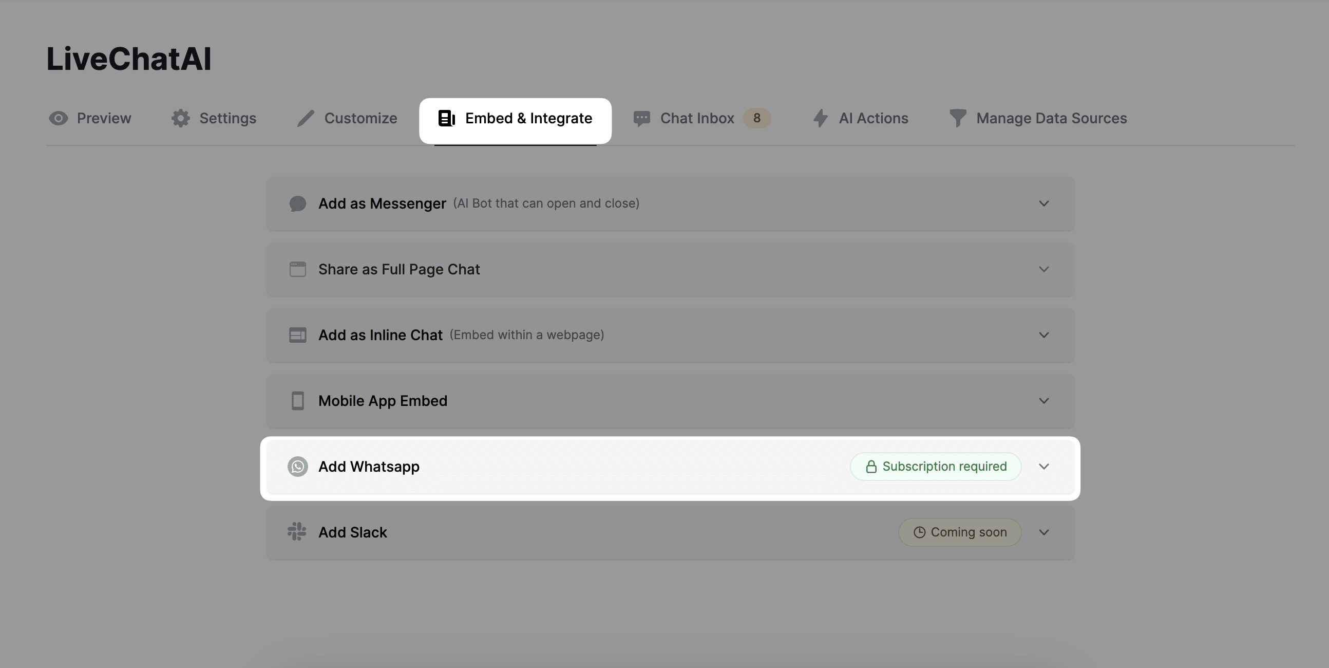 Adding WhatsApp integration to LiveChatAI AI Bot from the Embed & Integrate section