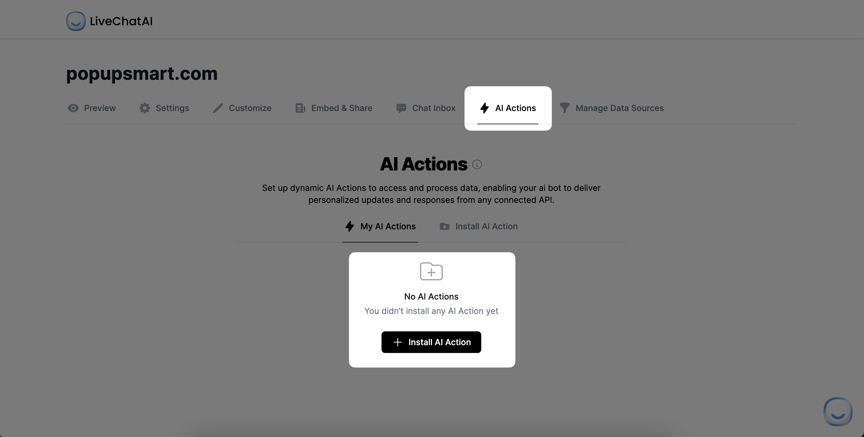 showing install ai action button under AI Actions section in LiveChatAI dashboard