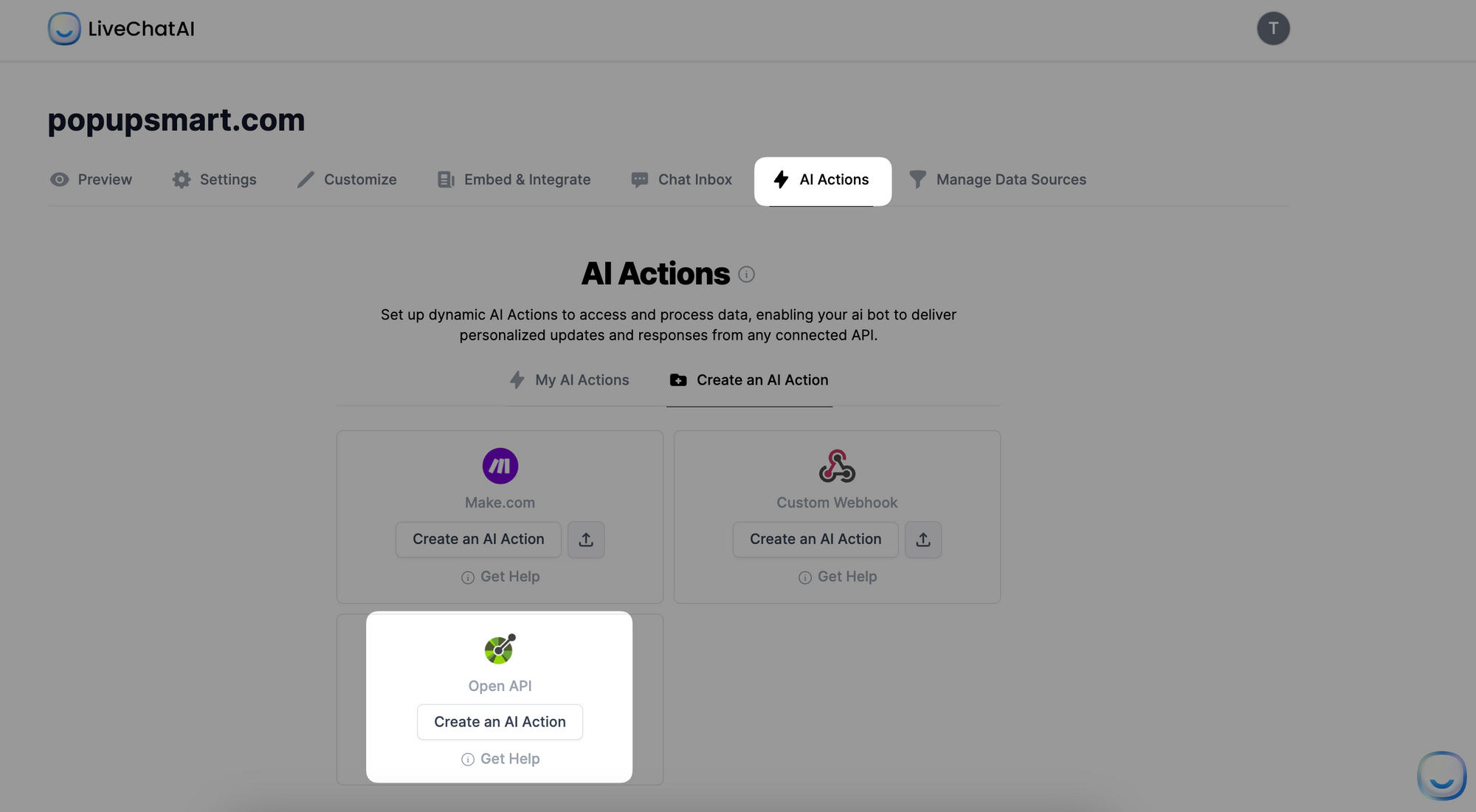 choosing the create an ai action under Open API option under AI Actions tab in LiveChatAI