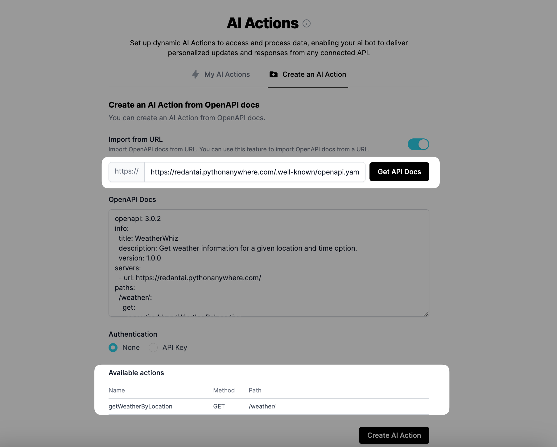 showing available actions coming from the open api documentation in LiveChatAI