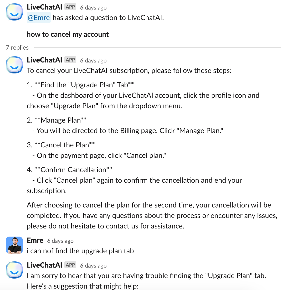 LiveChatAI Slack bot continues to reply queries in the existing thread