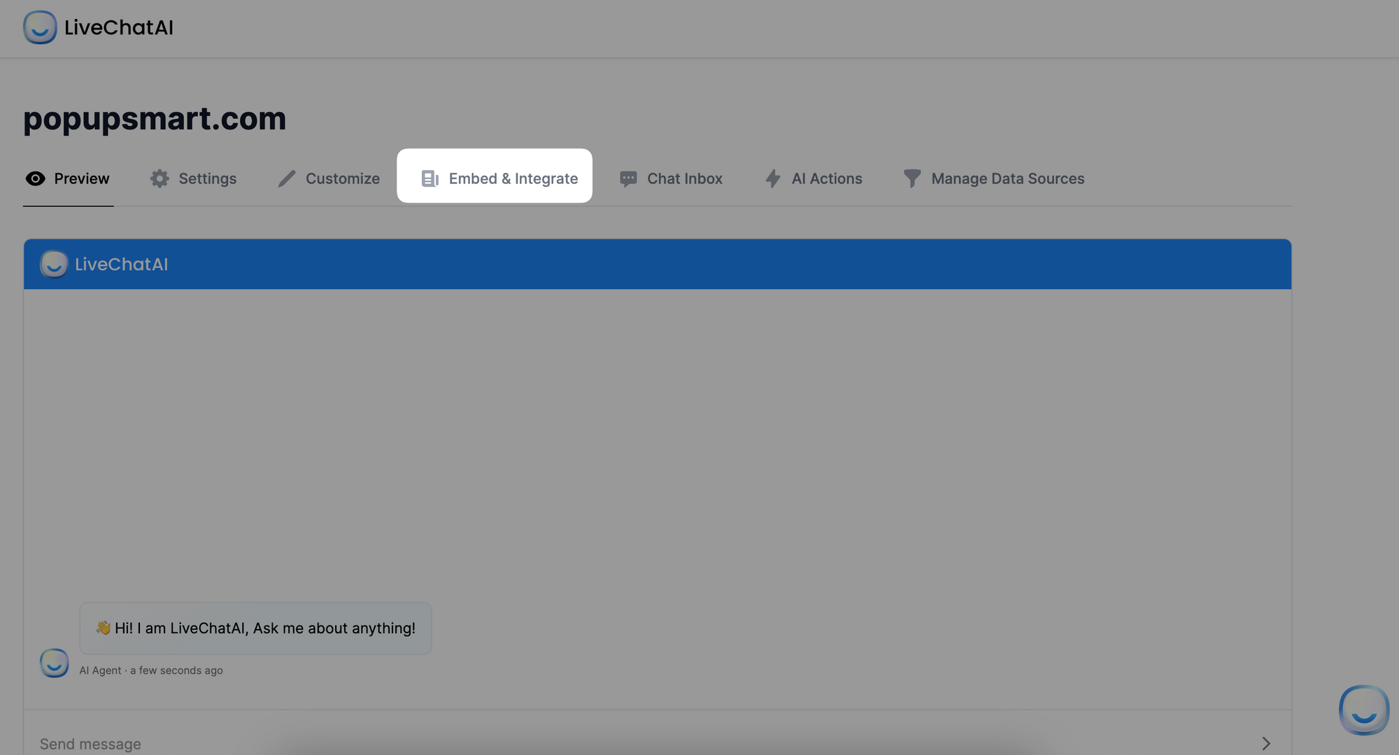 Embed & Integrate Section in the LiveChatAI dashboard