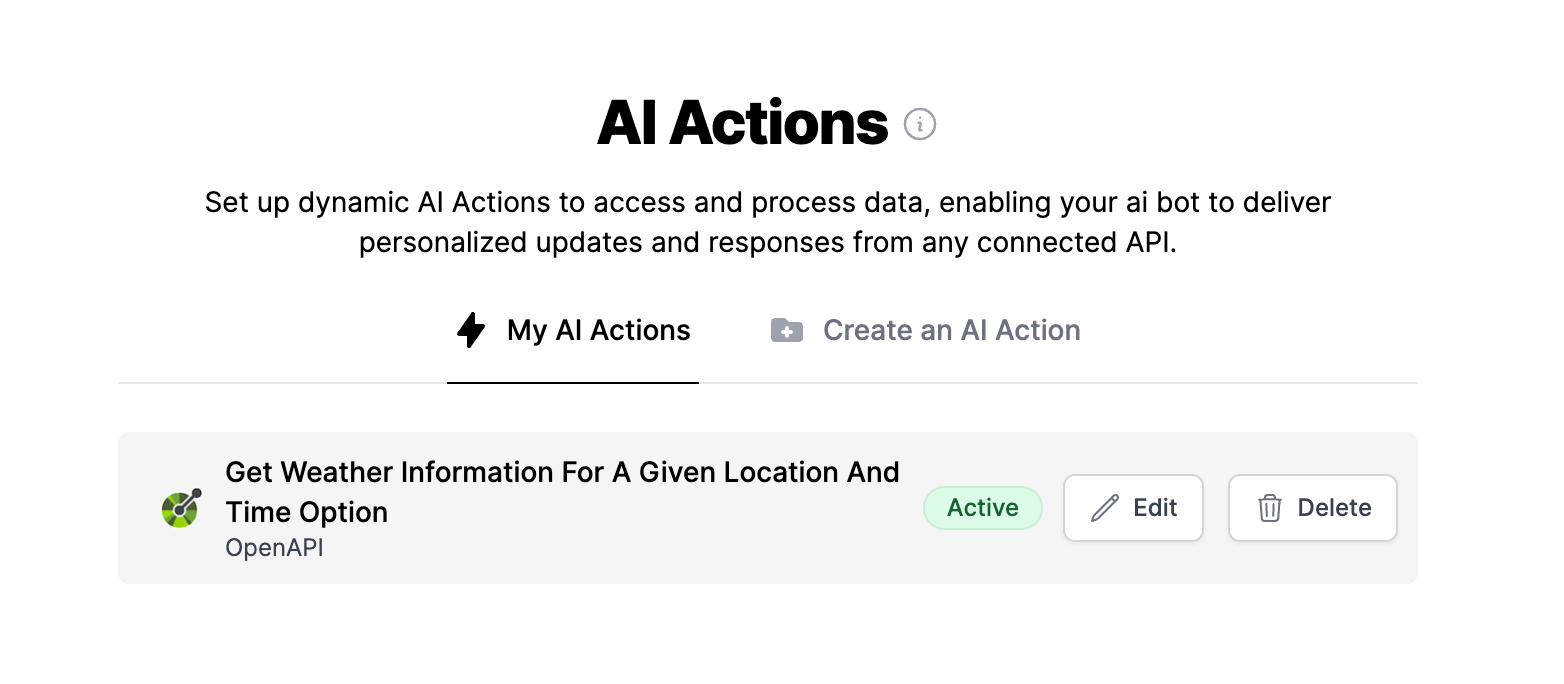 activated Open API AI actions under AI Actions tab in LiveChatAI