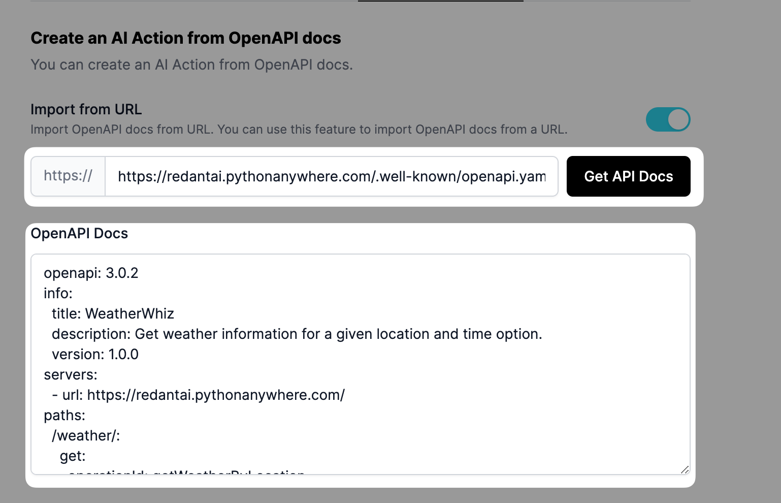 getting api documentation info from the open api while creating an AI Action in LiveChatAI