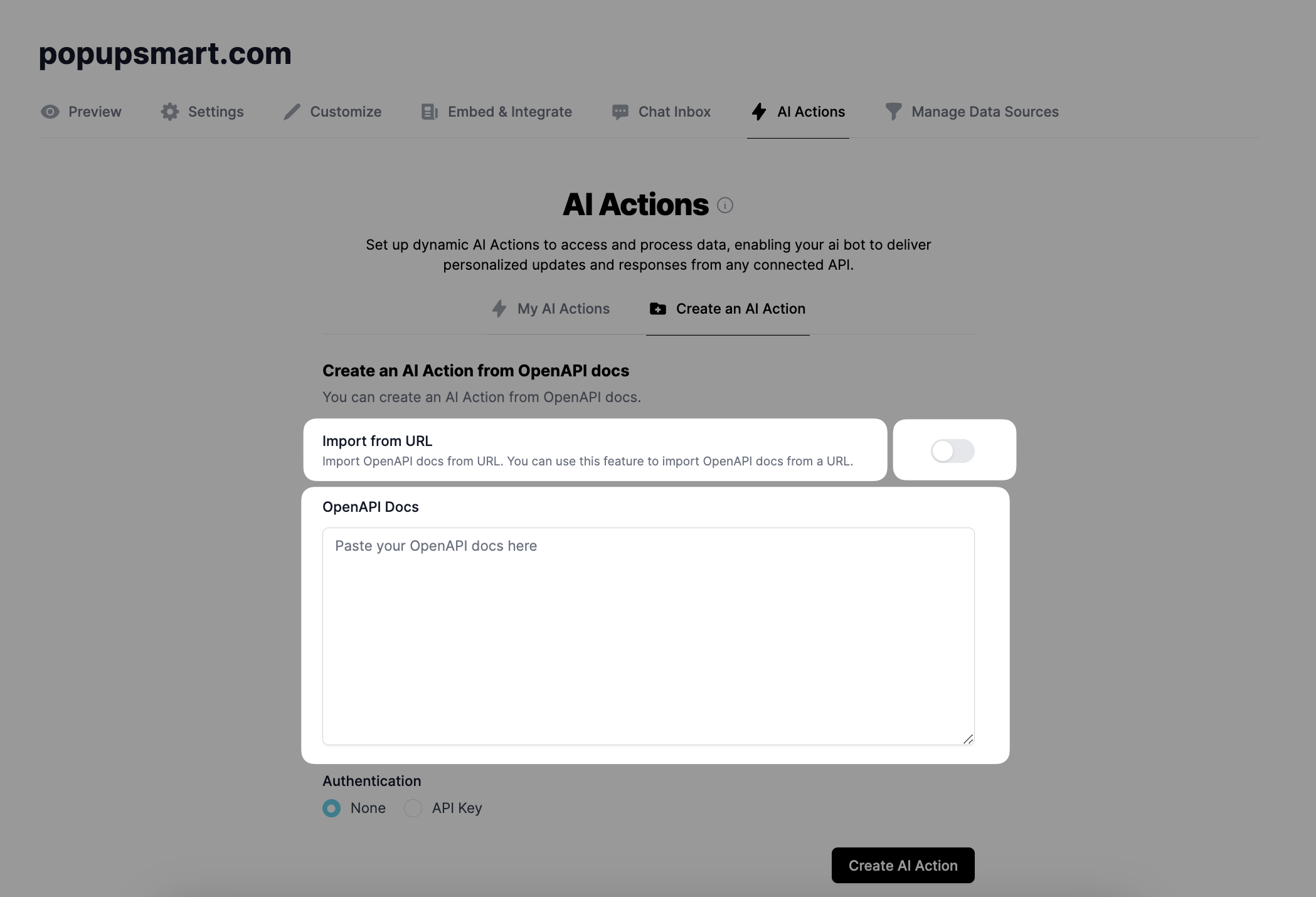 pasting the open api documentation url to the LiveChatAI