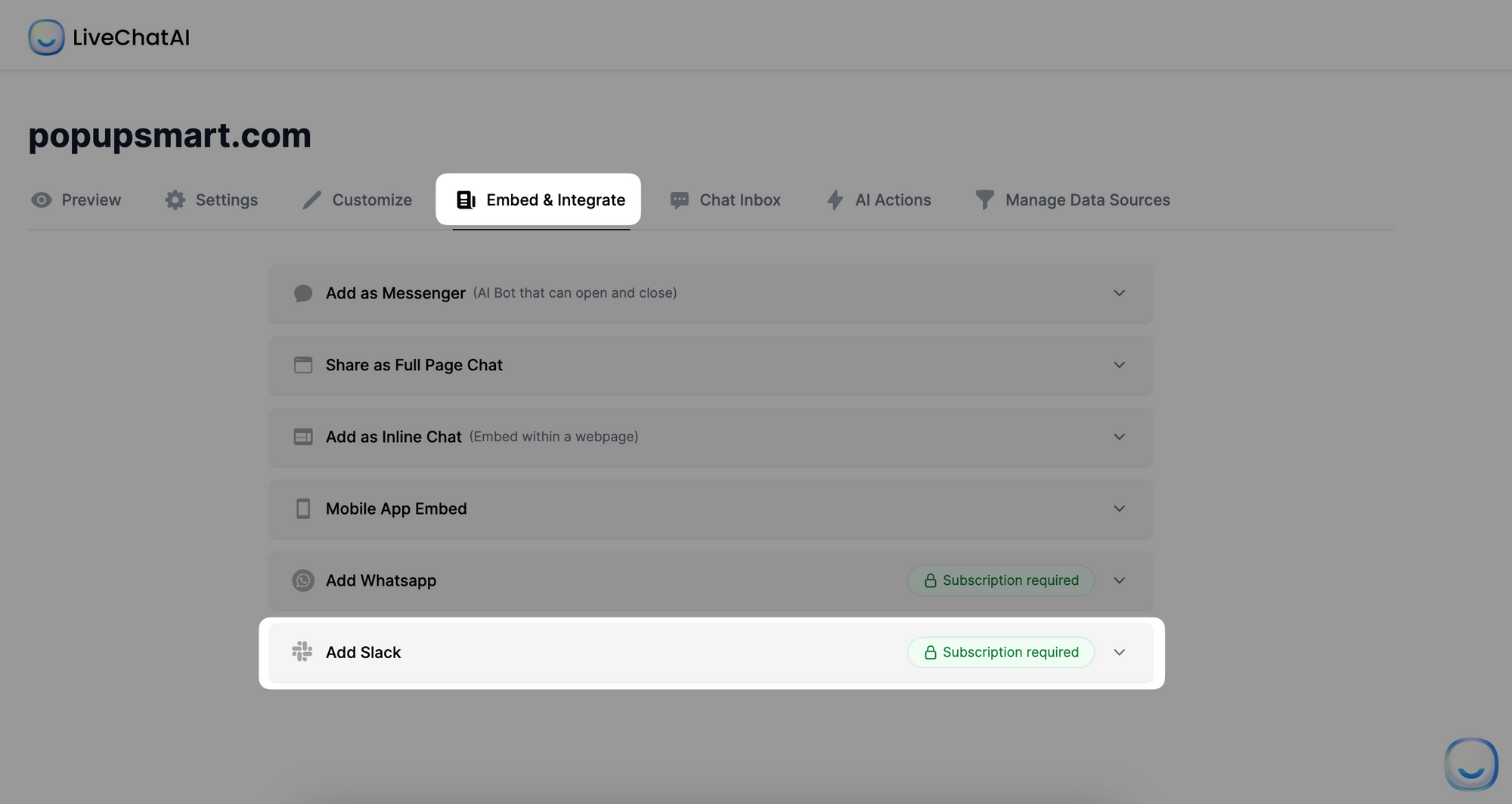 Adding Slack integration to LiveChatAI AI Bot from the Embed & Integrate section