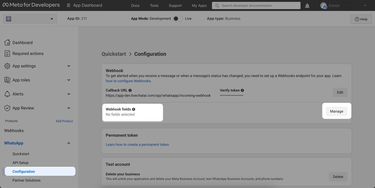 Managing Webhook fields in Configuration section in Meta for Developers