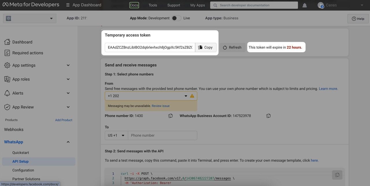 Copying the temporary access token from Meta for Developers