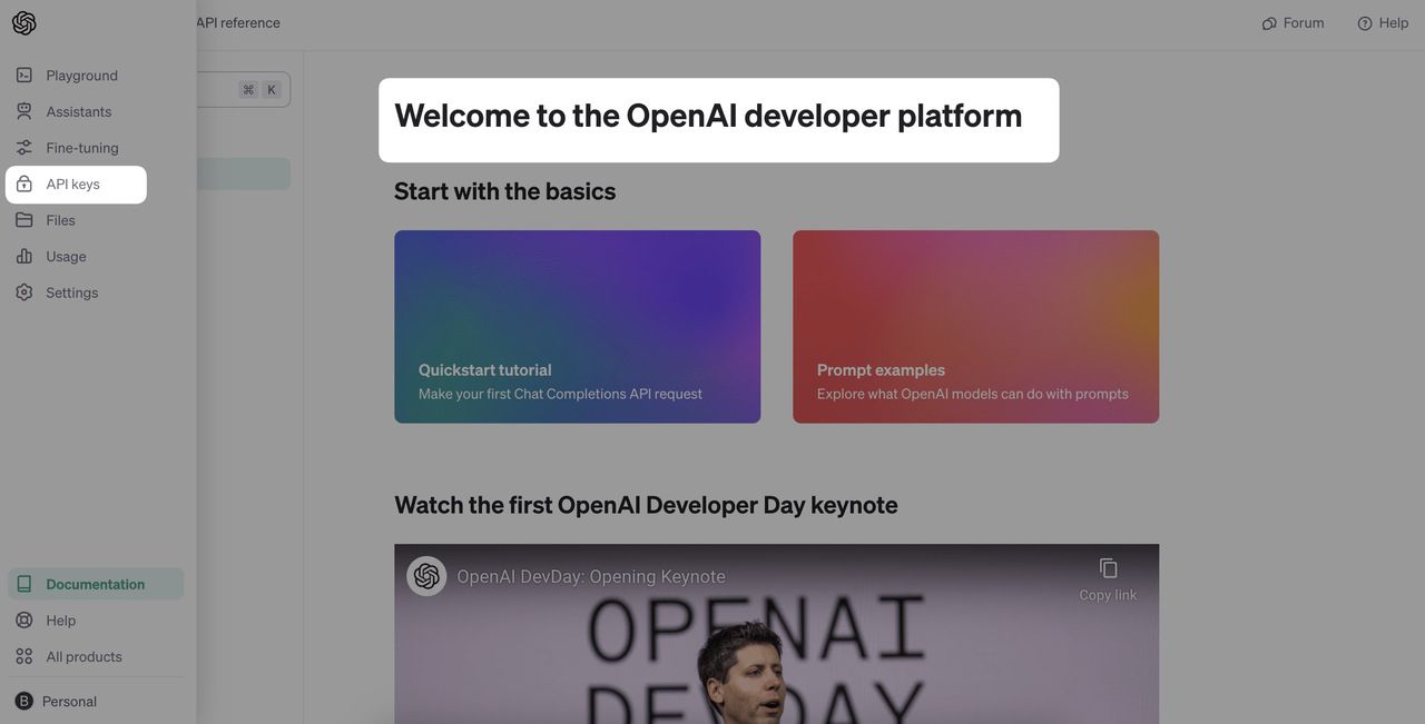 showing how to obtain API keys from openai developer website