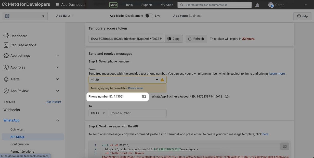 Getting phone number ID from Meta for Developers