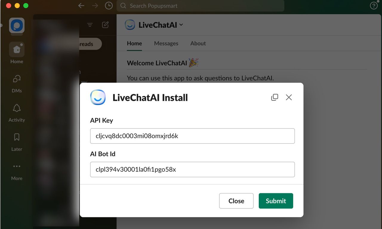Slack channel API Key and AI Bot ID section to integrate it with LiveChatAI AI bot