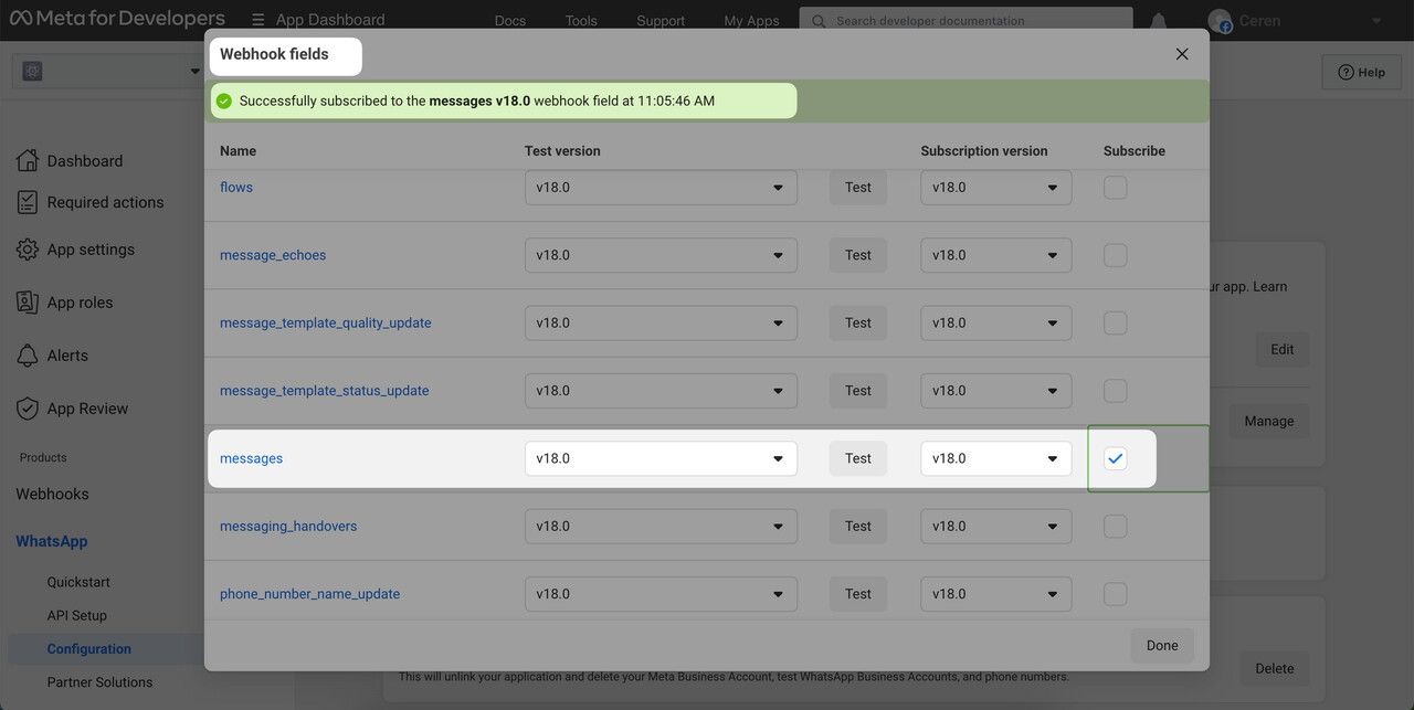 Selecting messages field for Webhook fields in Meta for Developers 