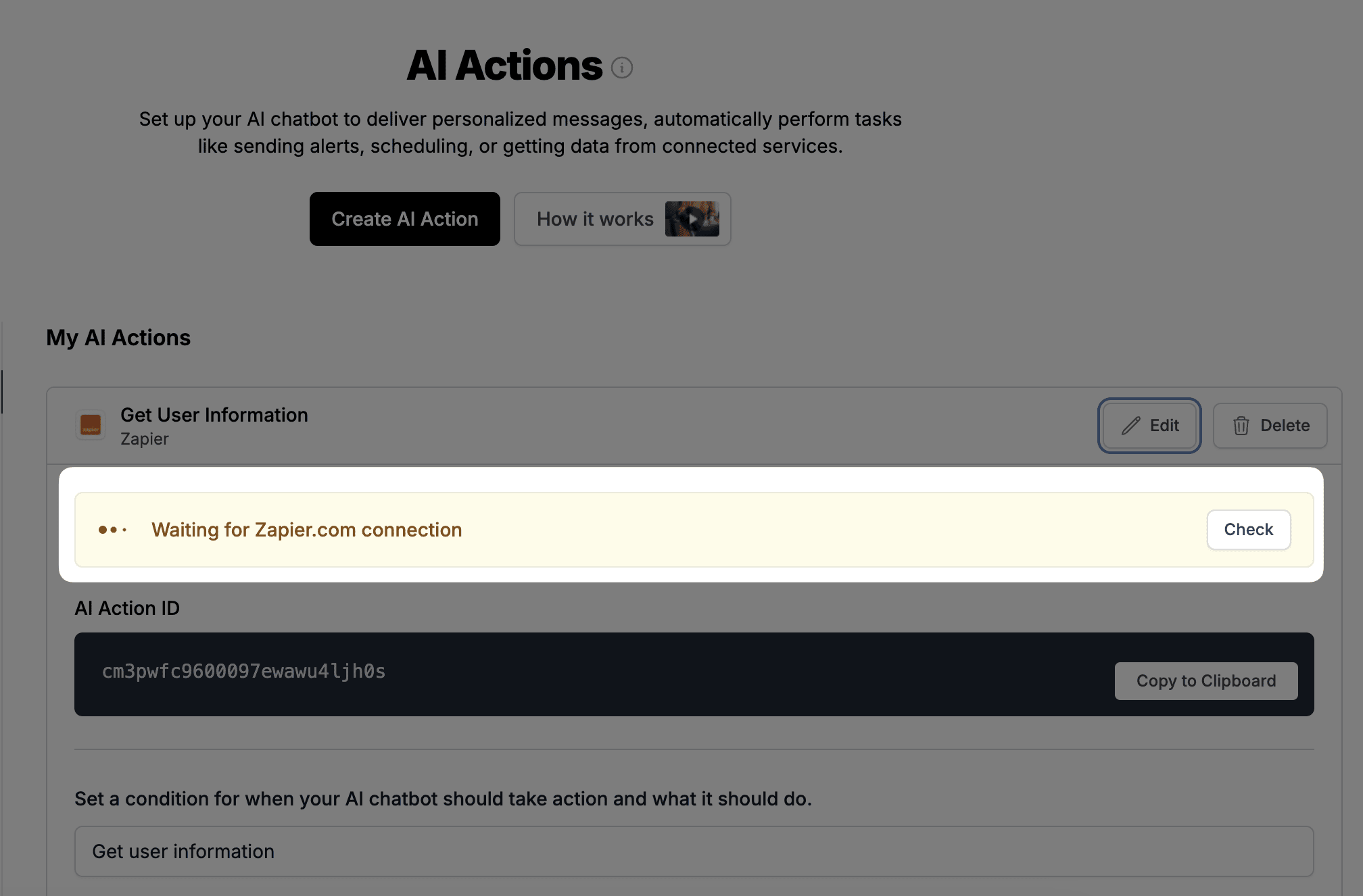 Checking connection in LiveChatAI for Zapier AI action