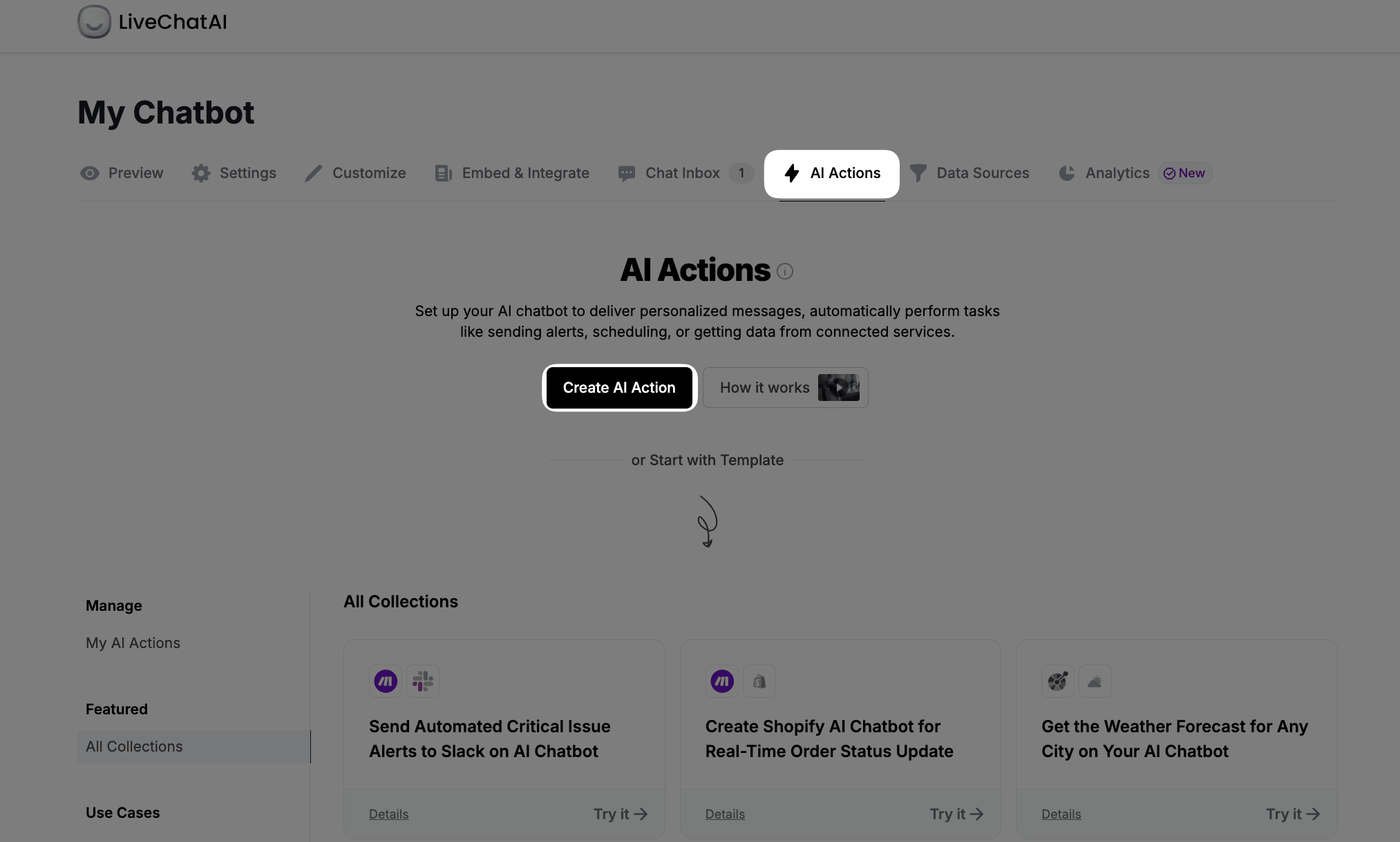 Creating AI action through LiveChatAI