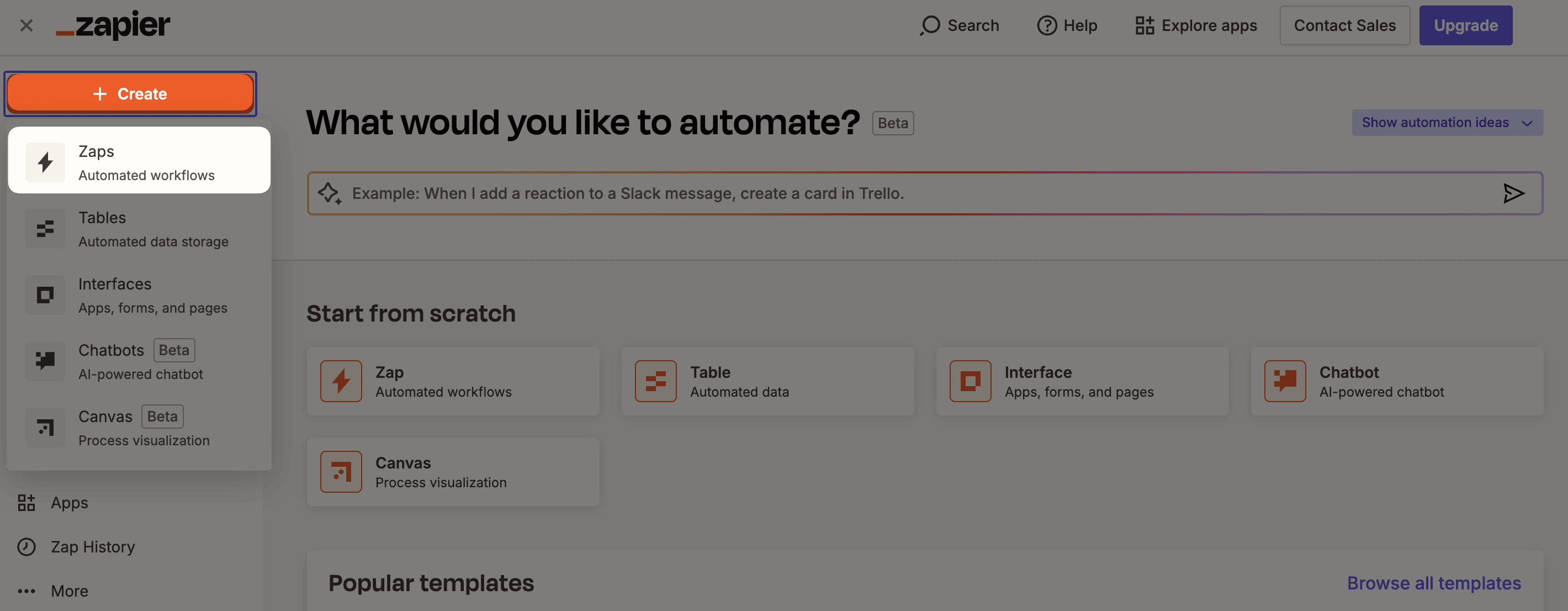 Zaps creation in the Zapier's dashboard