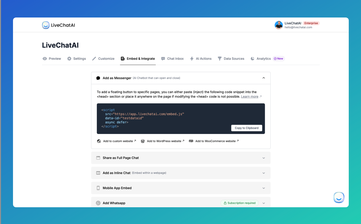 the embed code of an AI bot on the dashboard of LiveChatAI
