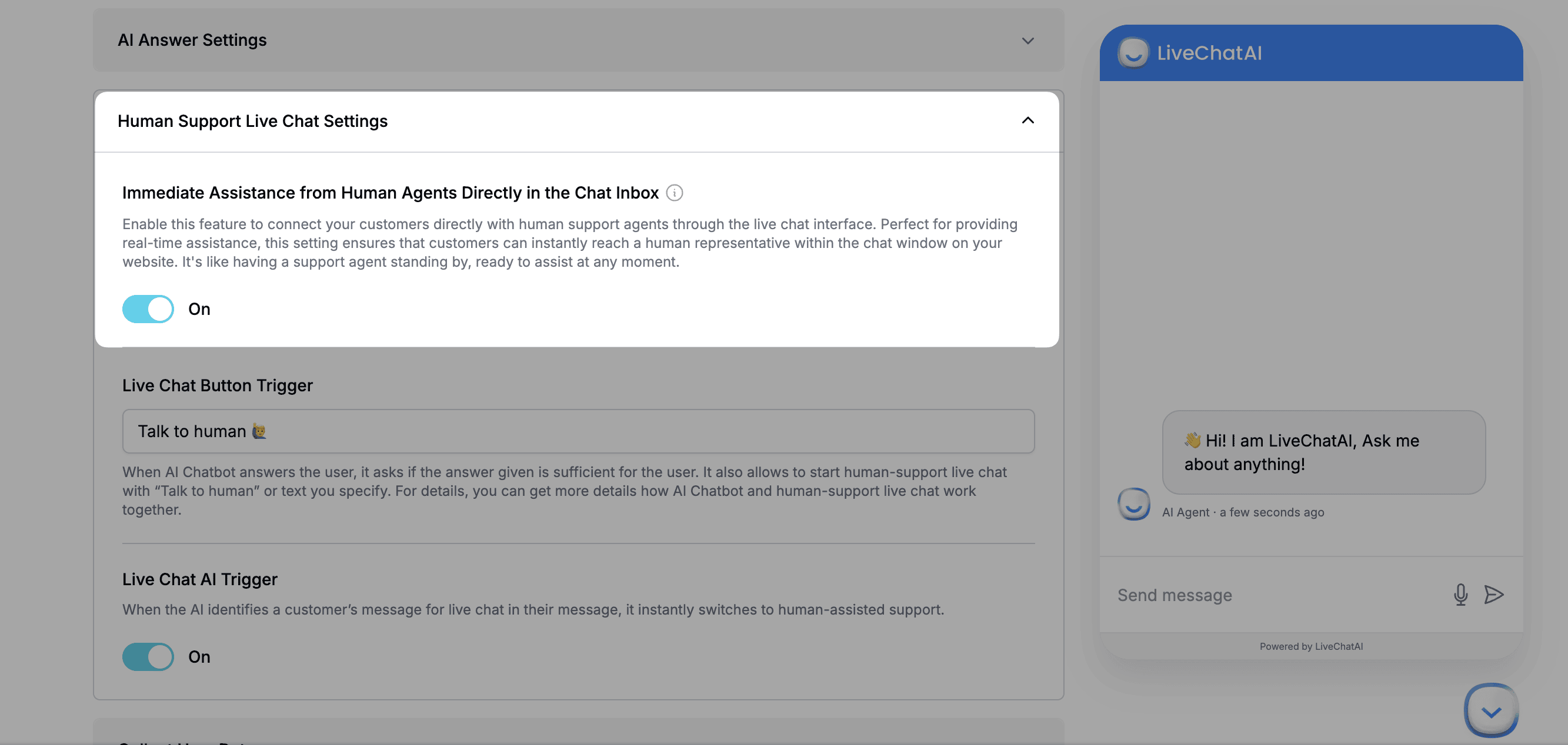 live chat settings for livechatai