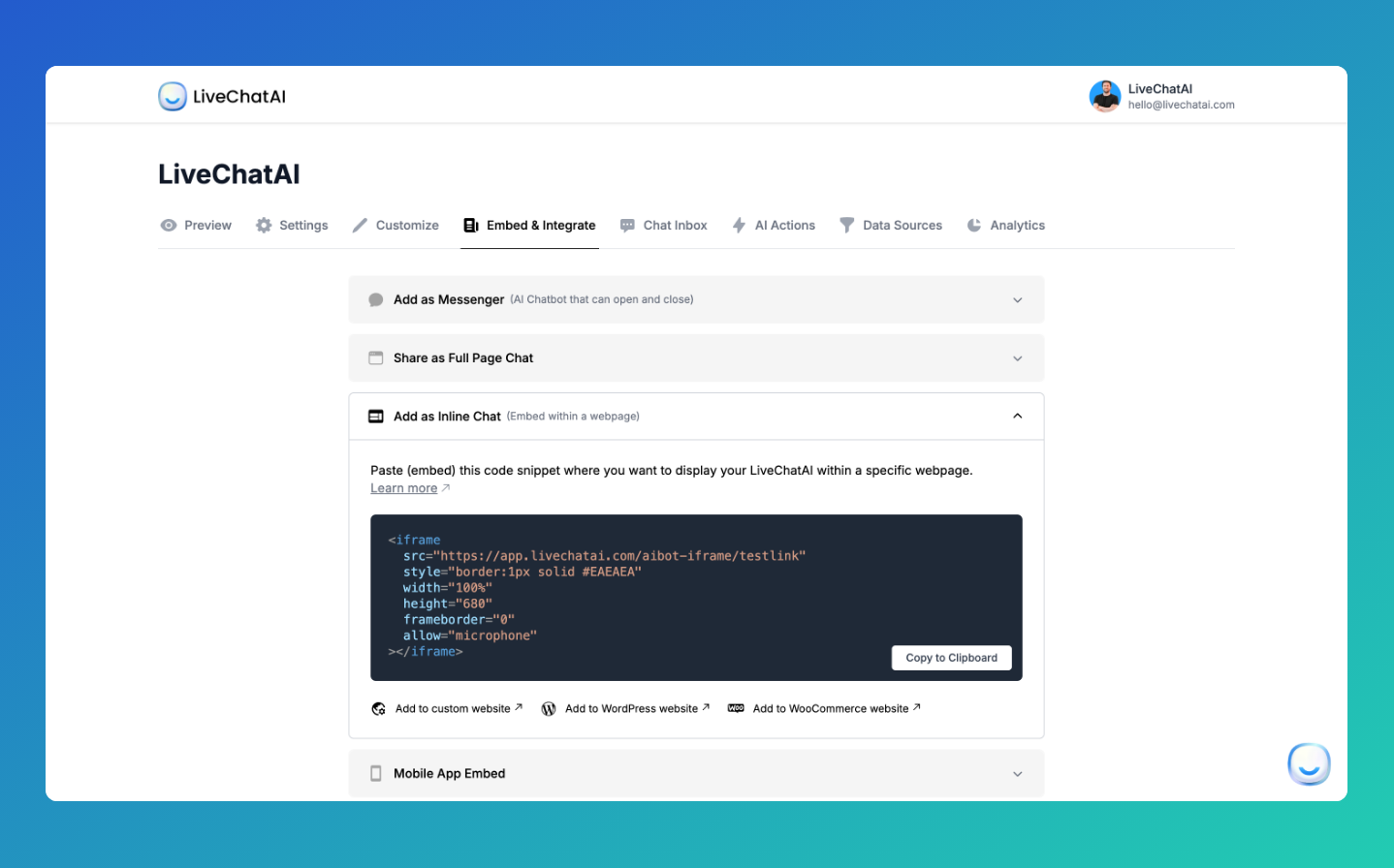 the inline chat code to embed on the LiveChatAI dashboard