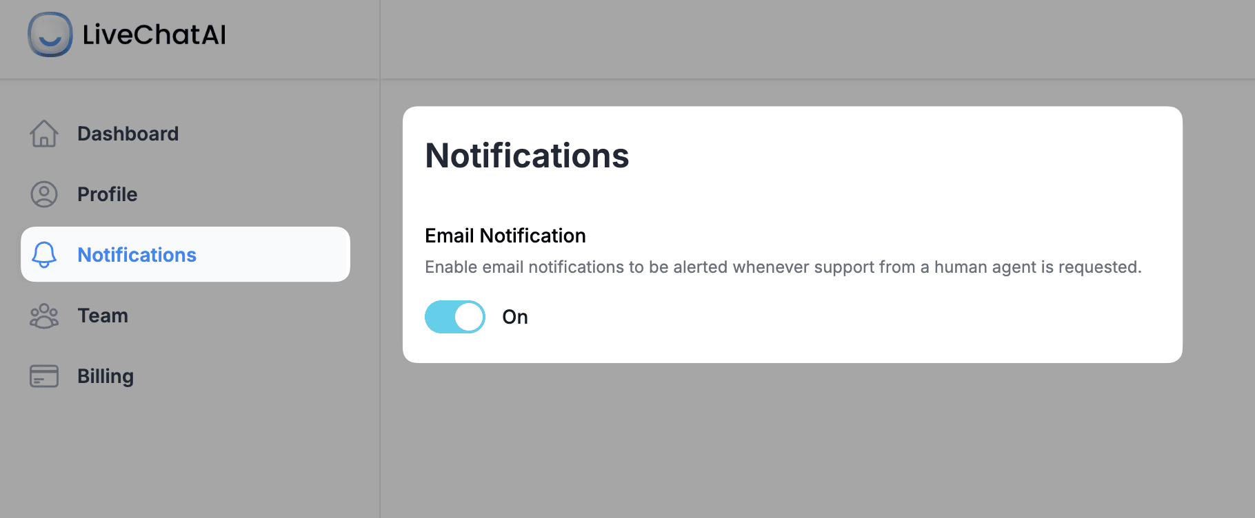 email notification for team members in LiveChatAI