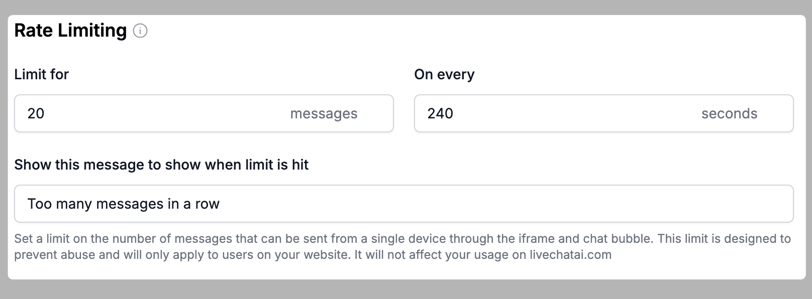 message count limit in a period of time in livechatai