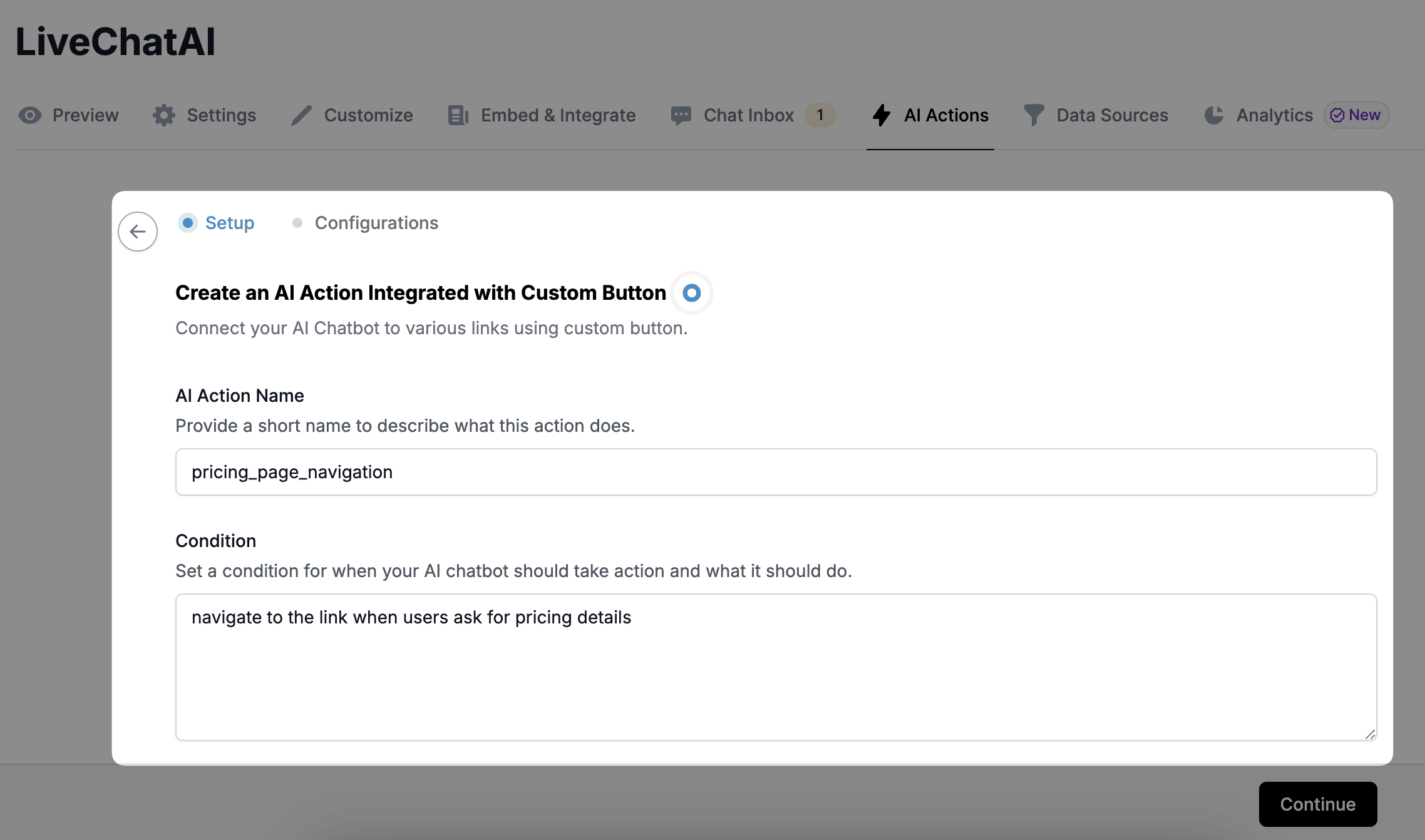 setup section for custom button ai action