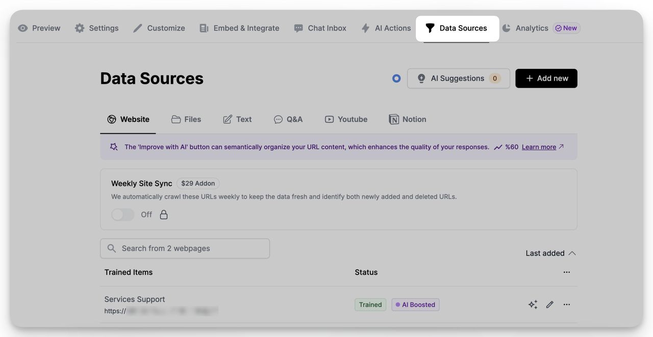 Data Sources section in LiveChatAI dashboard.