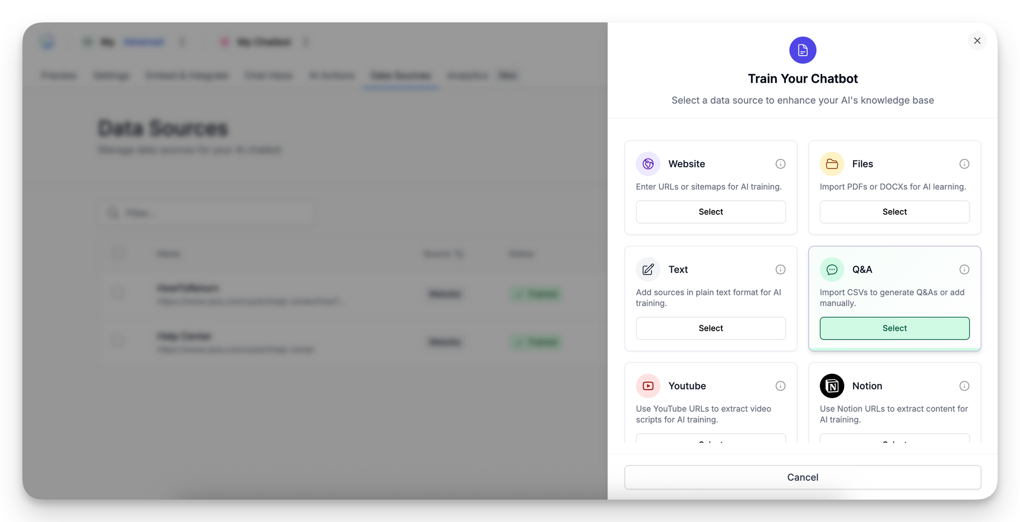 Adding Q&A as a data source for LiveChatAI