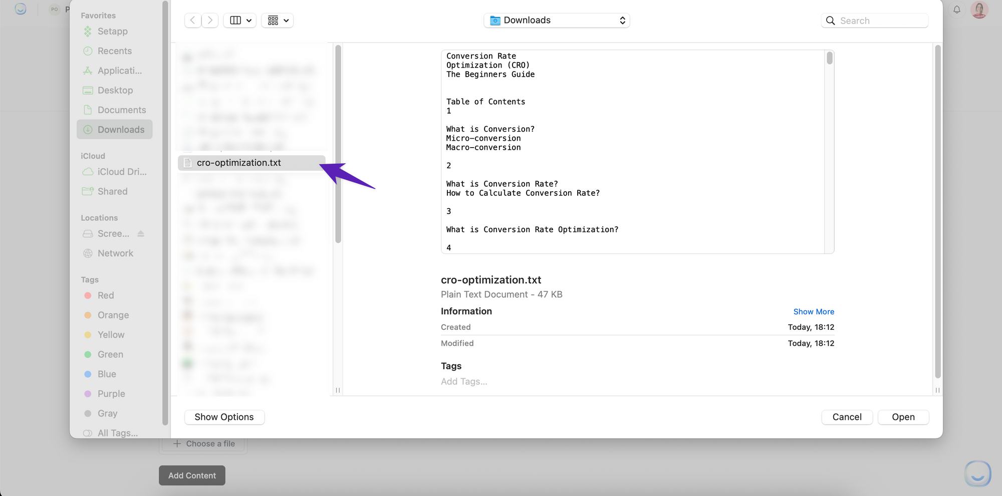 Uploading a TXT file containing chatbot training content from the desktop to LiveChatAI