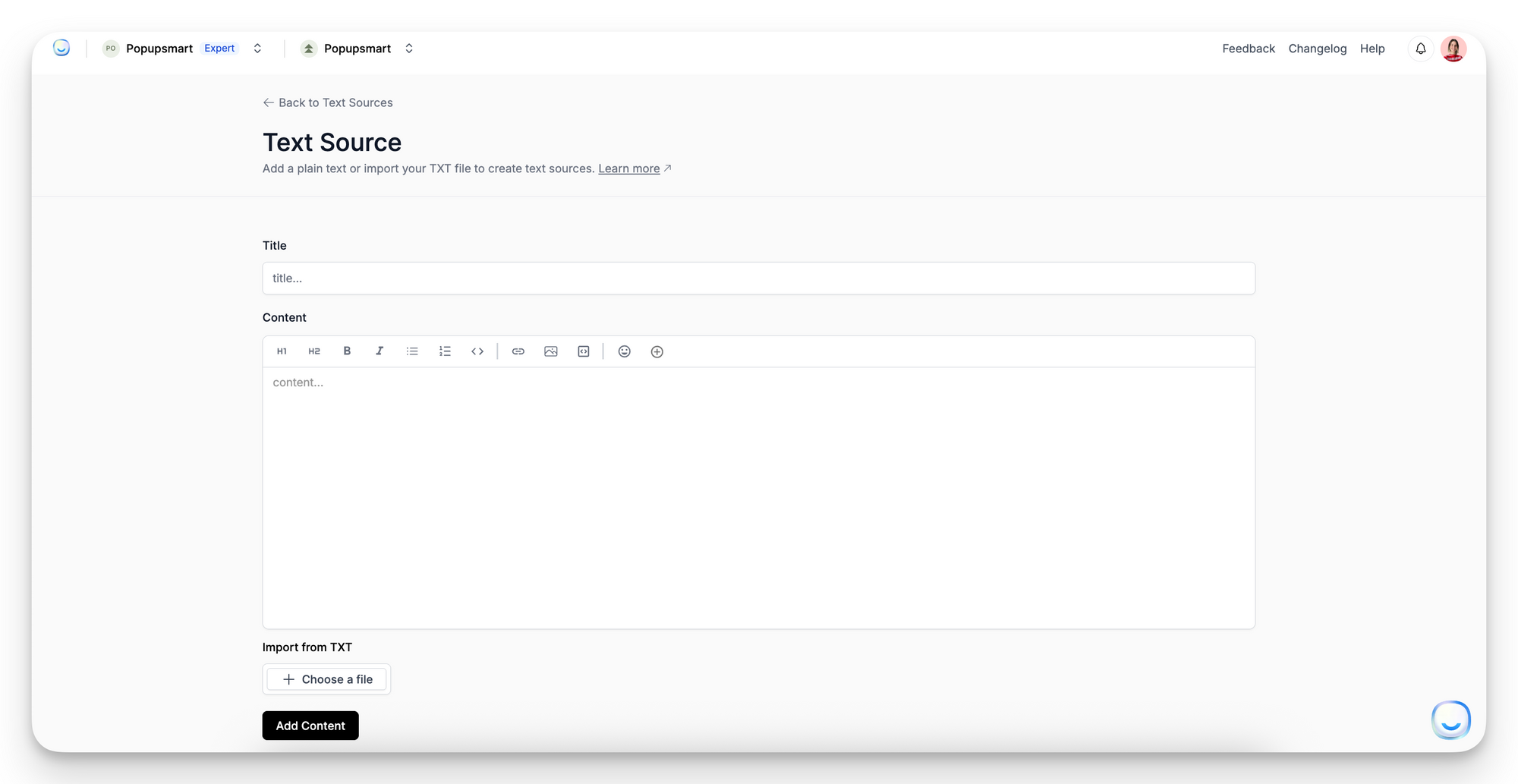 Entering a title and content manually or importing a TXT file to create a new text source in LiveChatAI