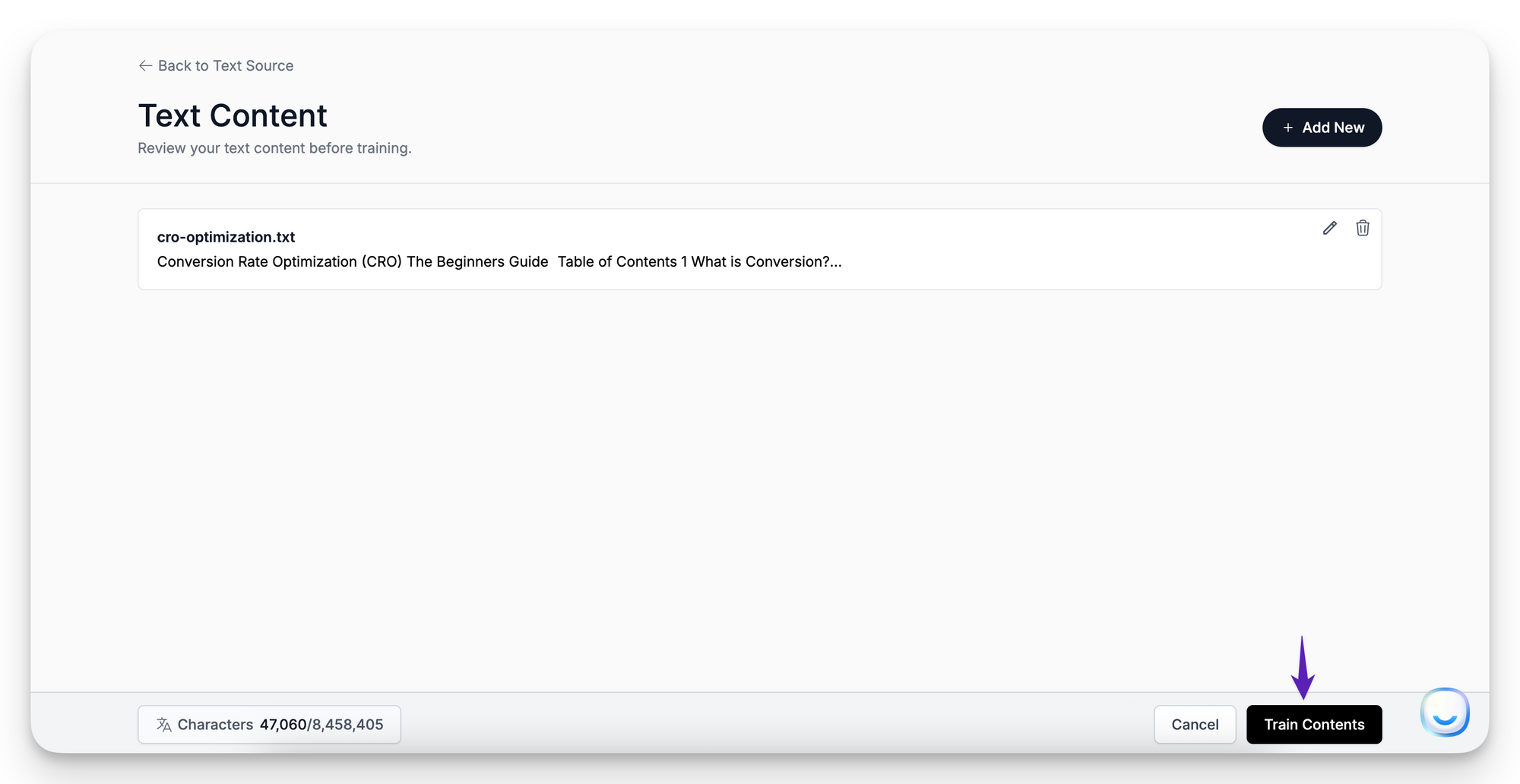 Final review screen showing uploaded text content with the “Train Contents” button in LiveChatAI