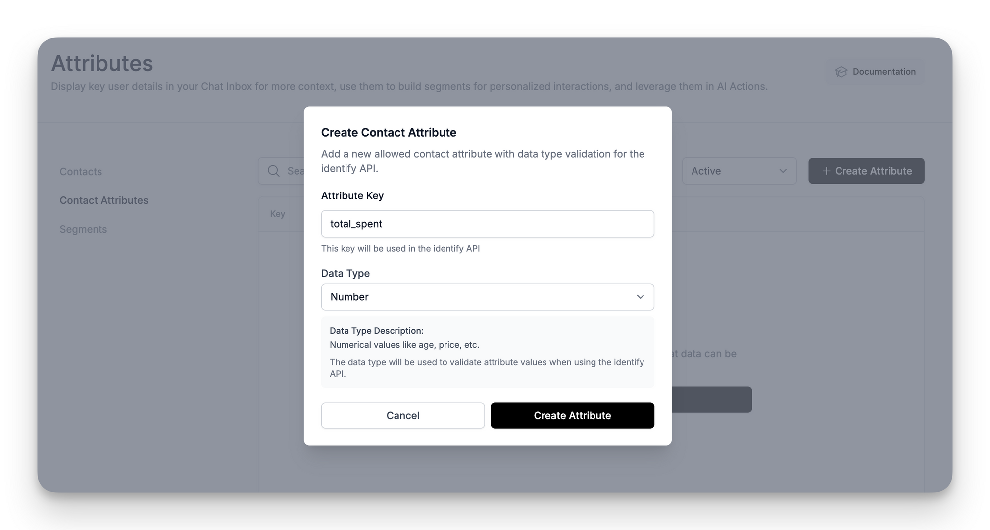 Creating a new contact attribute in LiveChatAI with the key "total_spent" and data type set to "Number"