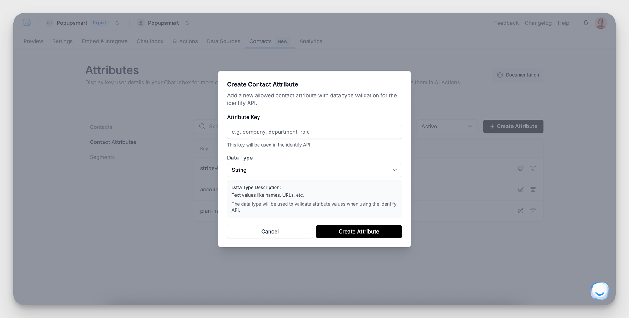 Modal window titled “Create Contact Attribute” in the LiveChatAI dashboard. It shows input fields for Attribute Key and Data Type, along with Cancel and Create Attribute buttons.