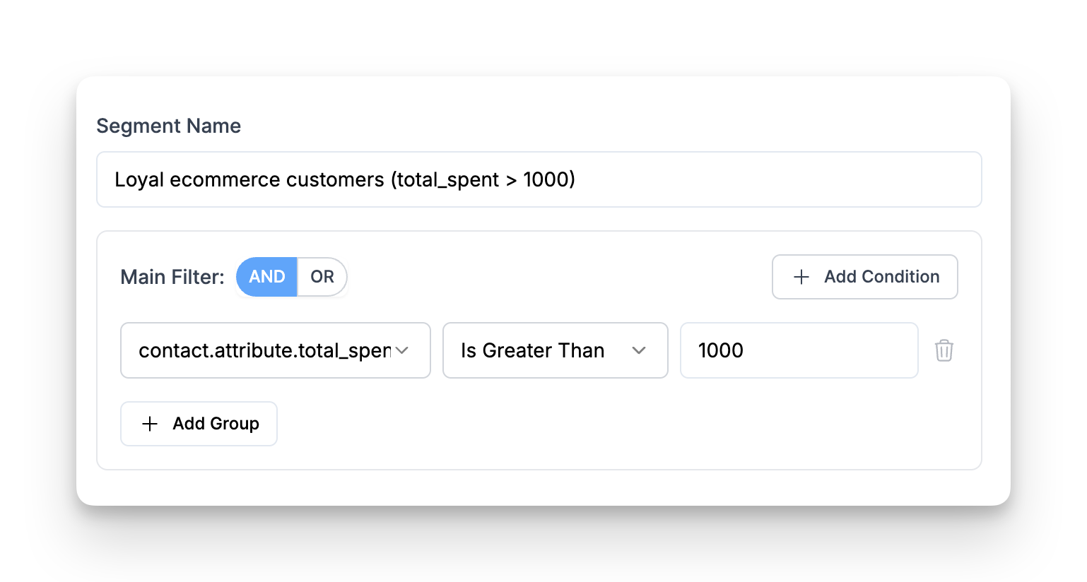 Filling out segment rule in LiveChatAI with the filter: contact.attribute.total_spent is greater than 1000.