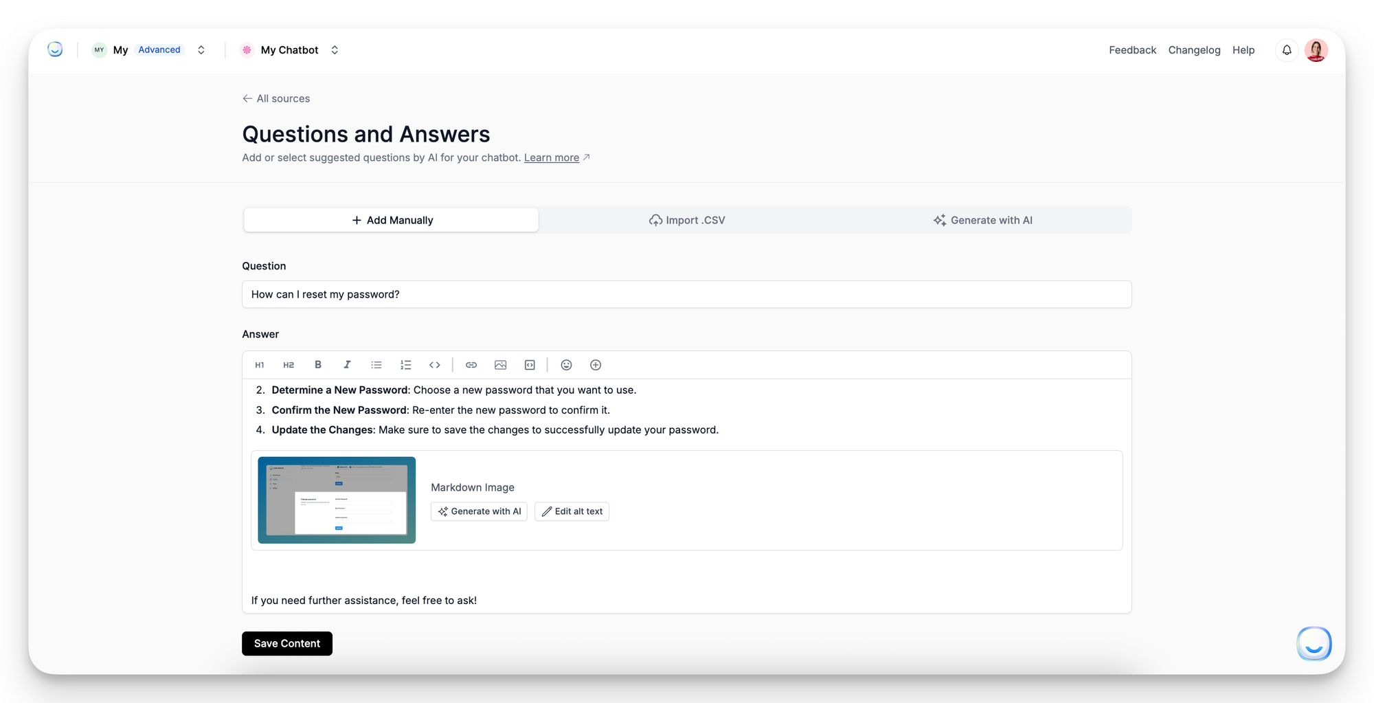 Adding manually questions and answers on LiveChatAI dashboard.