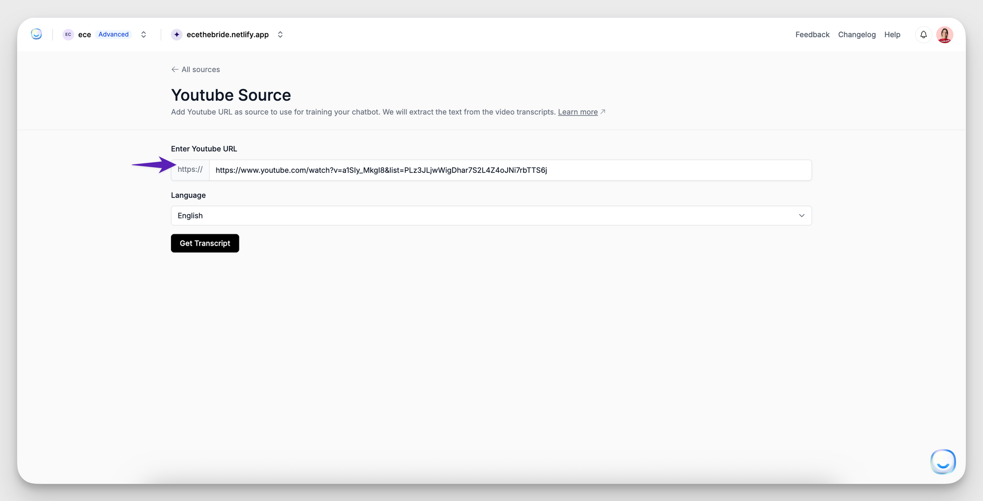 Paste the full video URL on the LiveChatAI Dashboard.