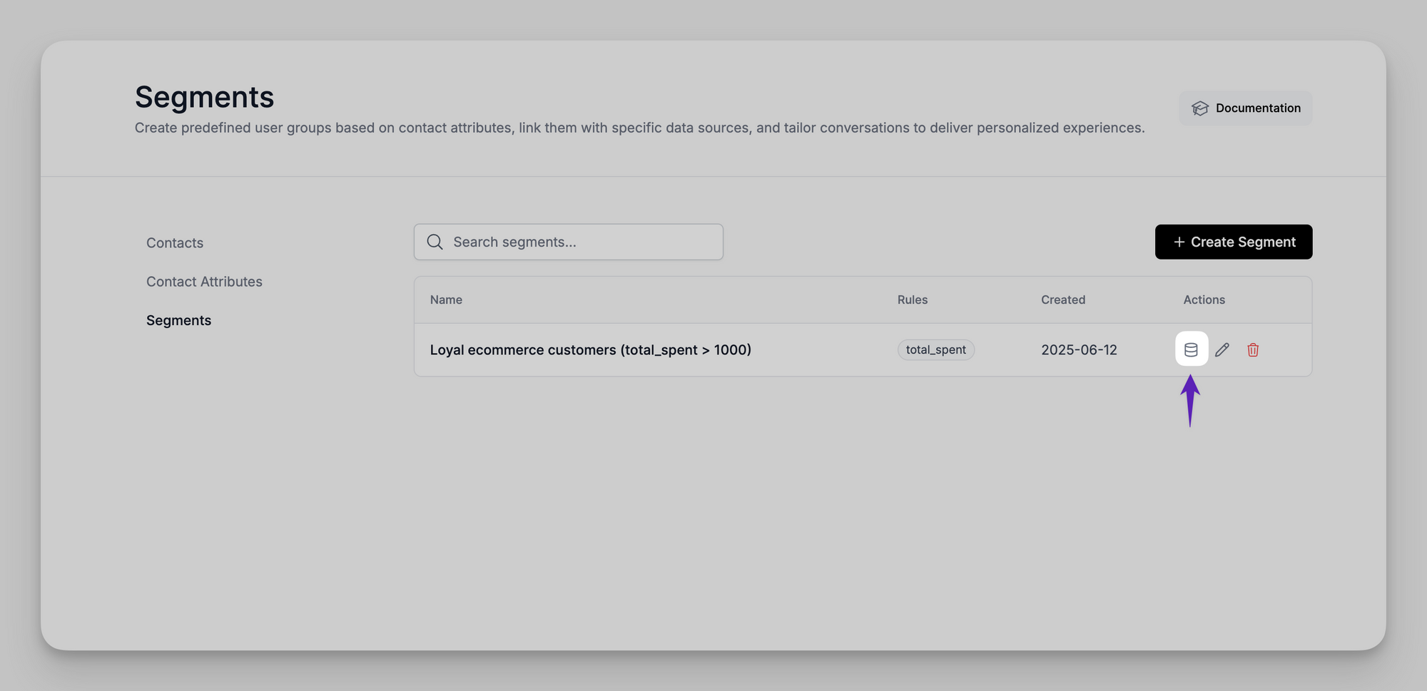 Connecting data sources to a segment in LiveChatAI by clicking the database icon next to the segment name.