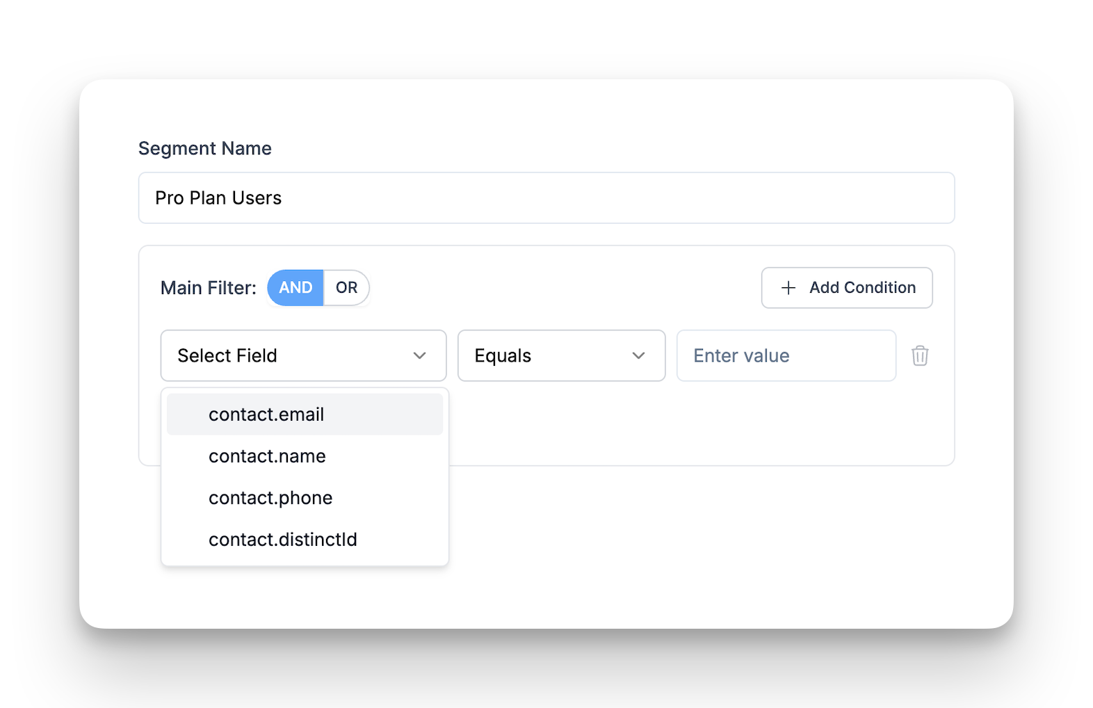 Default contact fields shown in the segment builder before custom attributes are added: email, name, phone, distinctId.