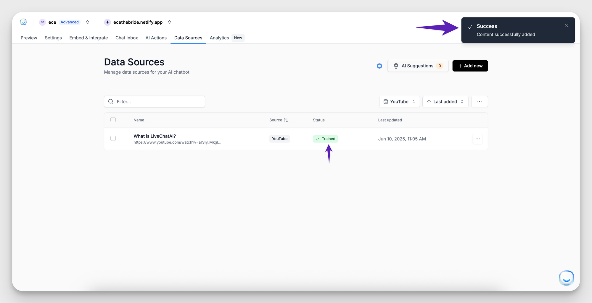 5. Status changes to Trained when complete. Open Preview and ask a question the video covers to confirm the new knowledge works.