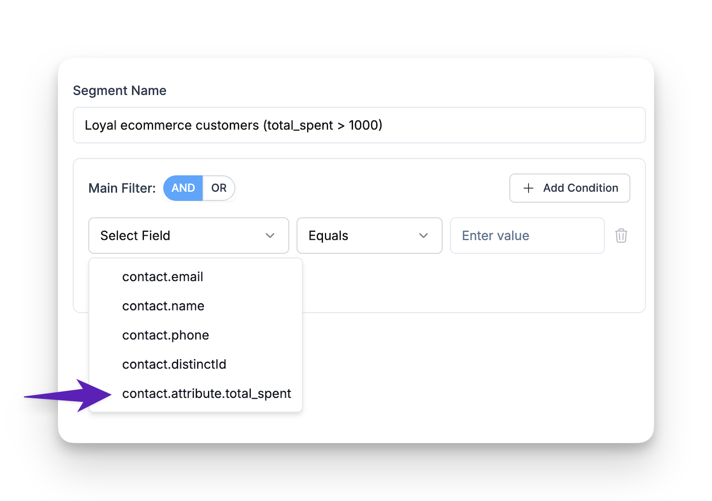 Custom attribute "contact.attribute.total_spent" appears in the segment field dropdown after being created.