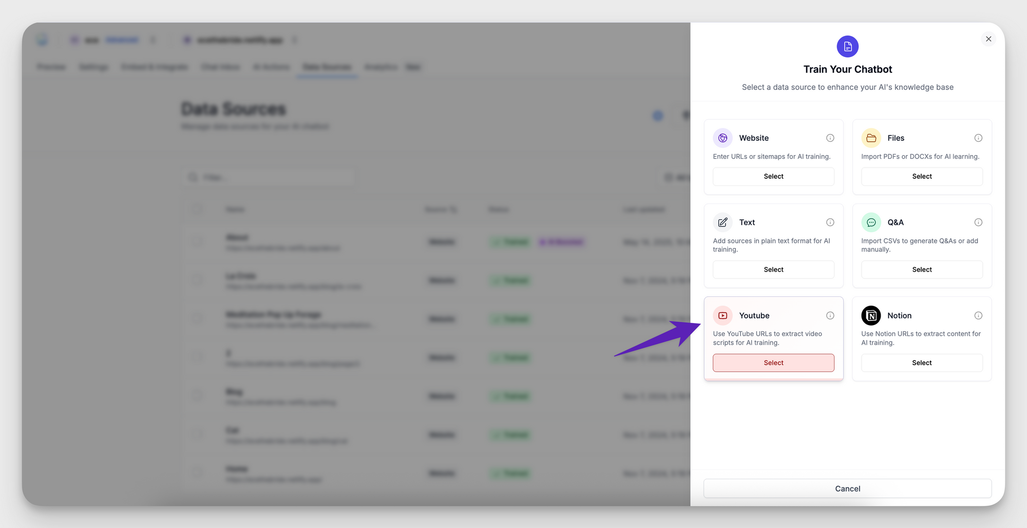 Data Sources → Add new → YouTube