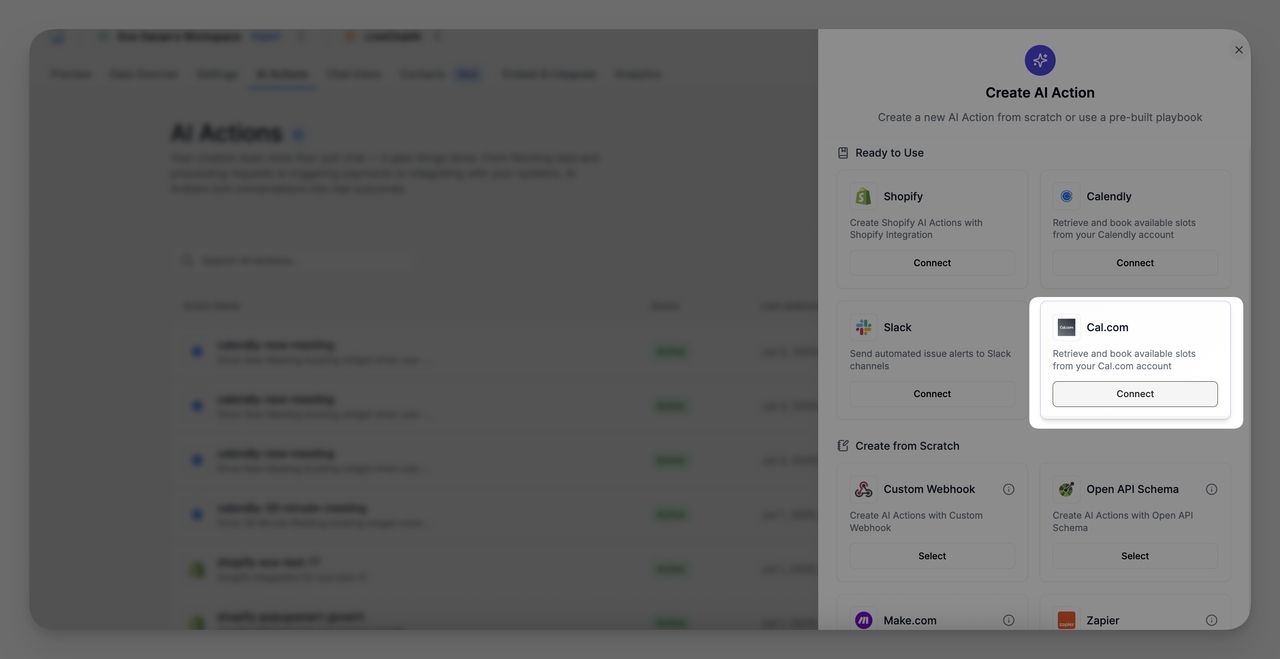 Screenshot of the “Create AI Action” panel in LiveChatAI, showing the “Cal.com” tile highlighted under the “Ready to Use” section, with a “Connect” button visible.