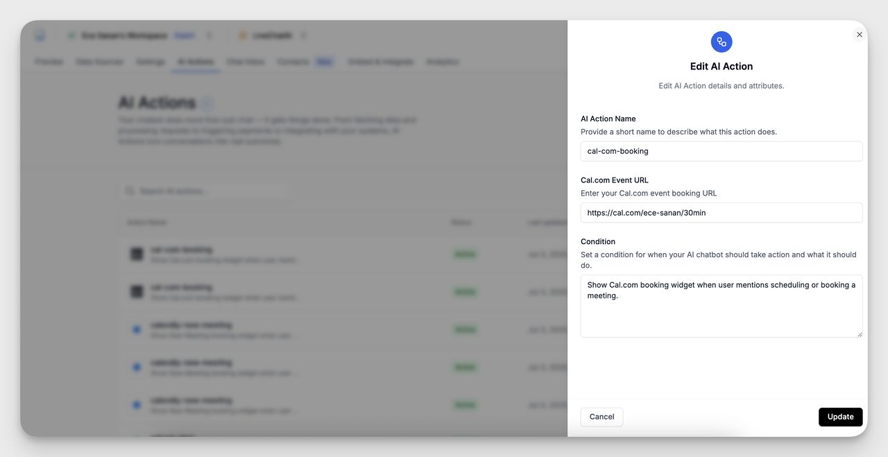 Screenshot of the “Edit AI Action” modal in LiveChatAI, showing fields for naming the action, entering the Cal.com event URL, and setting a condition to trigger the booking widget.