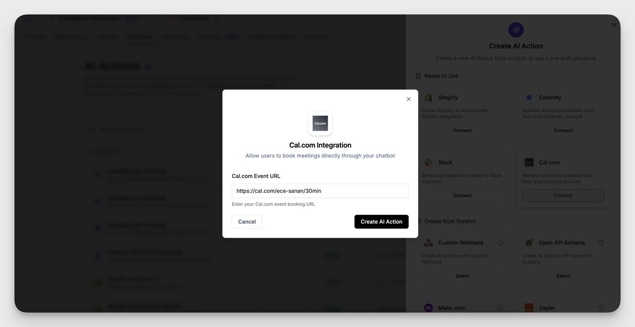 Screenshot of the Cal.com Integration setup modal in LiveChatAI, showing a field where users paste their Cal.com event URL and a highlighted “Create AI Action” button.